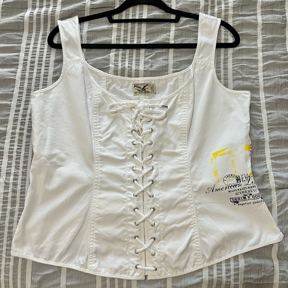 American Living Vintage White Lace Up Top